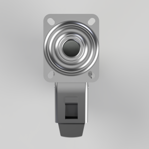 Mechanical push-button switch mounted on a square metal plate with rounded corners and a small lever/bracket underneath