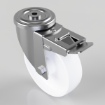 Swivel caster wheel with a metal locking brake and white wheel for furniture or equipment.