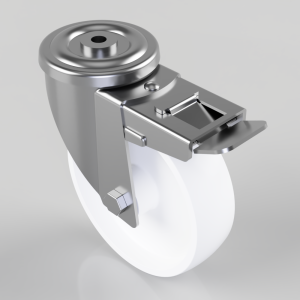 Swivel caster wheel with a metal locking brake and white wheel for furniture or equipment.