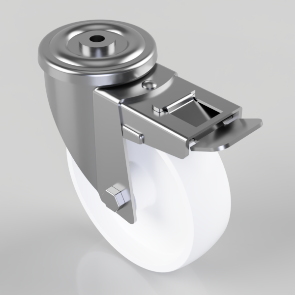 Swivel caster wheel with a metal locking brake and white wheel for furniture or equipment.