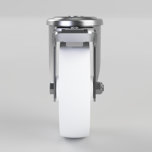Front view of a metal tape dispenser feeding a long white strip downward from the roll, mounted on a gray frame