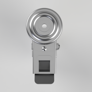 Industrial pulley wheel mounted on a gray metal bracket, viewed head-on.