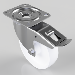 Swivel caster wheel with a square metal mounting plate, brake lever, and a white wheel.