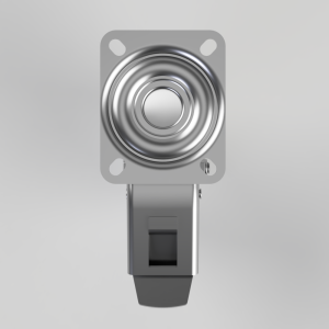 Industrial push-button switch: circular, chrome button on a gray mounting plate with a metal bracket below.