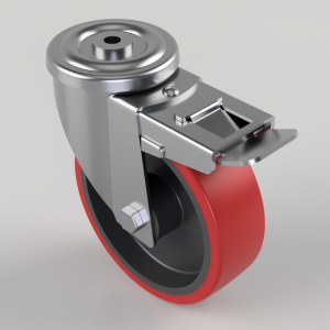 Swivel caster wheel with red polyurethane tire and metal brake/lock lever on a silver mounting yoke
