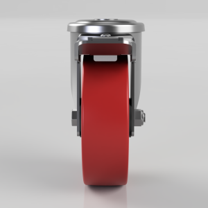 Front view of a red polyurethane caster wheel with a metal brake mechanism and mounting hardware.