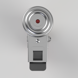 Front view of a metallic camera flash unit with a large circular flash head and a red center button, centered in the image.