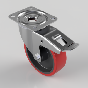 Swivel caster with a red rubber wheel, braking lever and square mounting plate.