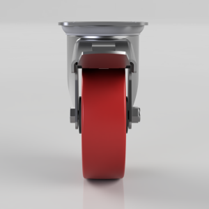 Red polyurethane caster wheel with metal mounting bracket viewed head-on, likely for furniture or equipment.