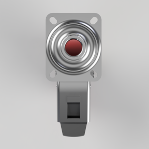 Industrial push-button switch mounted on a gray plate, featuring a red center button surrounded by concentric metal rings.