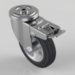Industrial swivel caster wheel with a locking brake and silver metal housing.