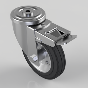 Industrial swivel caster wheel with a locking brake and silver metal housing.