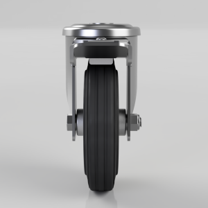 Front view of a heavy-duty caster wheel with a black rubber tread and steel frame.