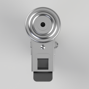 Front view of a shiny metal cam lock with a large circular locking head and rectangular mounting housing.