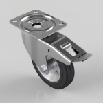 Industrial caster wheel with a locking brake and four-bolt mounting plate; tire is black with a silver rim and bearing housing visible.