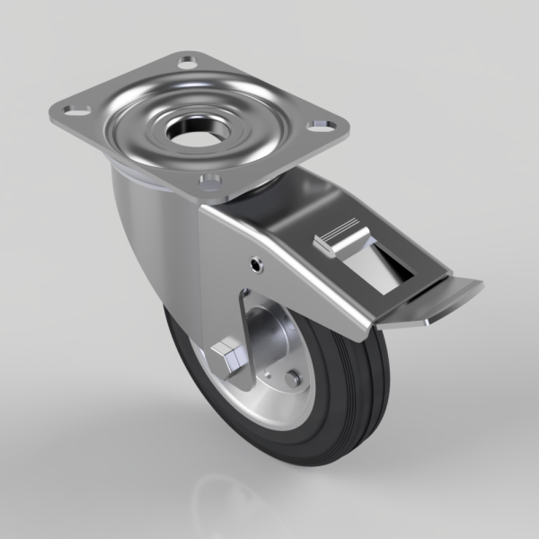 Industrial caster wheel with a locking brake and four-bolt mounting plate; tire is black with a silver rim and bearing housing visible.