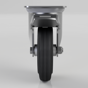 Front view of a heavy-duty caster wheel with a black rubber tire and gray metal housing, including a braking mechanism on the side
