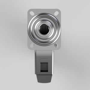 Industrial rotary latch: square mounting plate with a circular spiral housing and a bottom actuator lever