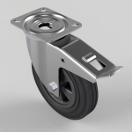 Swivel caster wheel with a metal mounting plate and built-in brake lever, in a metallic finish.