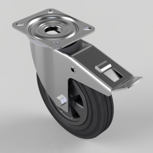 Swivel caster wheel with a metal mounting plate and built-in brake lever, in a metallic finish.