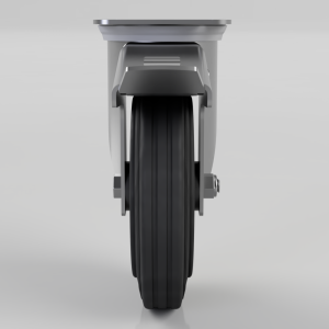 Front view of a large black rubber caster wheel mounted to a silver/gray metal frame.