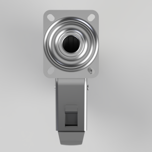 Close-up of a gray metal actuator/mounting bracket with a circular bearing housing on top.