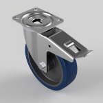 Swivel caster wheel with a blue tire and a side brake lever mounted to a four-hole mounting plate.