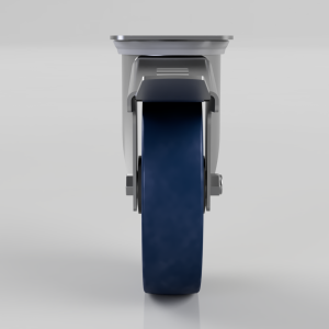Front view of an industrial caster wheel with a dark blue rubber tire and gray metal housing with a mounting plate on top.