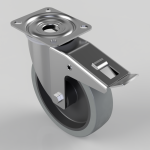 Swivel caster wheel with a metal brake and mounting plate for furniture or equipment.