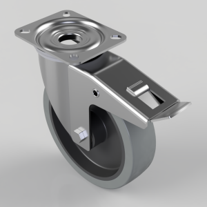Swivel caster wheel with a metal brake and mounting plate for furniture or equipment.