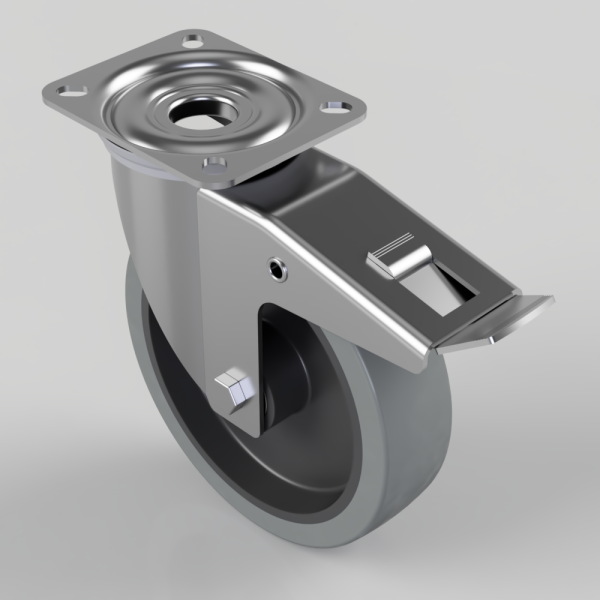 Swivel caster wheel with a metal brake and mounting plate for furniture or equipment.