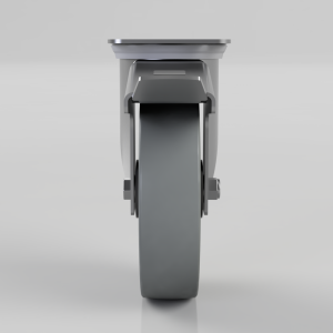 Front view of a gray heavy-duty caster wheel with metal mounting bracket and plate the wheel faces the viewer.