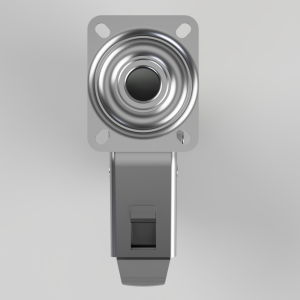Industrial metal latch with a circular spring mechanism mounted on a square plate and a vertical locking lever below.