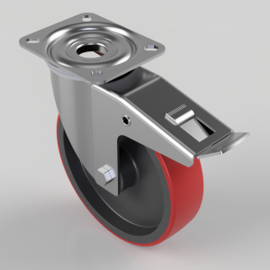 Industrial caster wheel with red polyurethane tire, brake lever, and mounting plate.