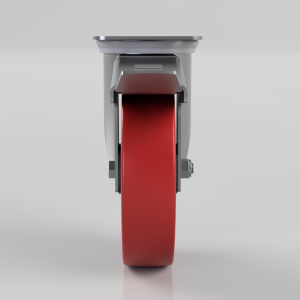 Industrial caster wheel with a red polyurethane wheel and gray metal housing, viewed from the front.