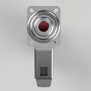 Industrial push-button switch mounted on a gray metal plate, featuring a red circular button with concentric rings and a supporting bracket below