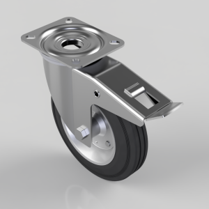 Swivel caster wheel with a metal brake lever and mounting plate on a plain gray background