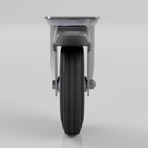 Front view of a single large caster wheel mounted to a gray metal fork, with a black rubber tire and silver hardware