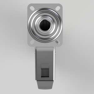 Metal mounting plate with a circular bearing housing and an attached rectangular actuator below the plate