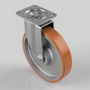 Swivel caster with orange polyurethane wheel, mounted to a metal bracket and square mounting plate.