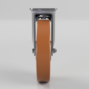 Front view of a gray caster wheel with an orange polyurethane wheel.