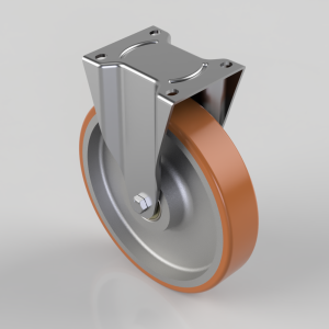 Swivel caster wheel with orange polyurethane tire and metallic mounting plate, bolt secured to a floor-friendly wheel assembly.