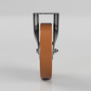 Caster wheel with orange polyurethane wheel and metal U-bracket viewed head-on.