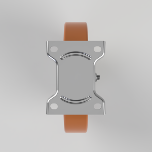 Top-down view of a silver skateboard truck mounting plate with an orange wheel visible behind it, showing the side screw.