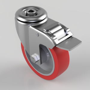 Swivel caster wheel with a red polyurethane tire and a metal brake mechanism, viewed at an angle.