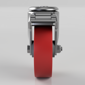 Front view of a metallic roller mechanism with a red belt/strap feeding through the guides, likely part of a conveyor or printer assembly.