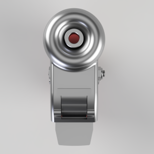Top-down view of a polished metal device with a circular red-lensed opening at the center.