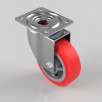 Swivel caster wheel with red polyurethane tire and metal mounting plate, viewed at an angle.