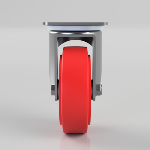 Front view of a red caster wheel with a gray metal bracket in a swivel caster assembly