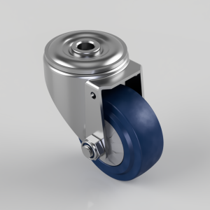 Swivel caster with blue polyurethane wheel and metal mounting bracket on a light background